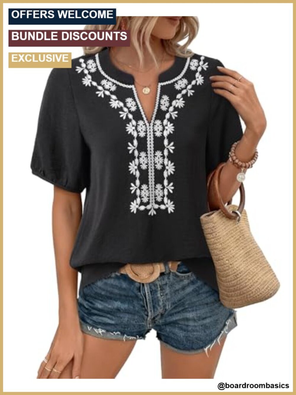 Boho Embroidered Floral V-Neck Short Sleeve Blouse Tunic Top